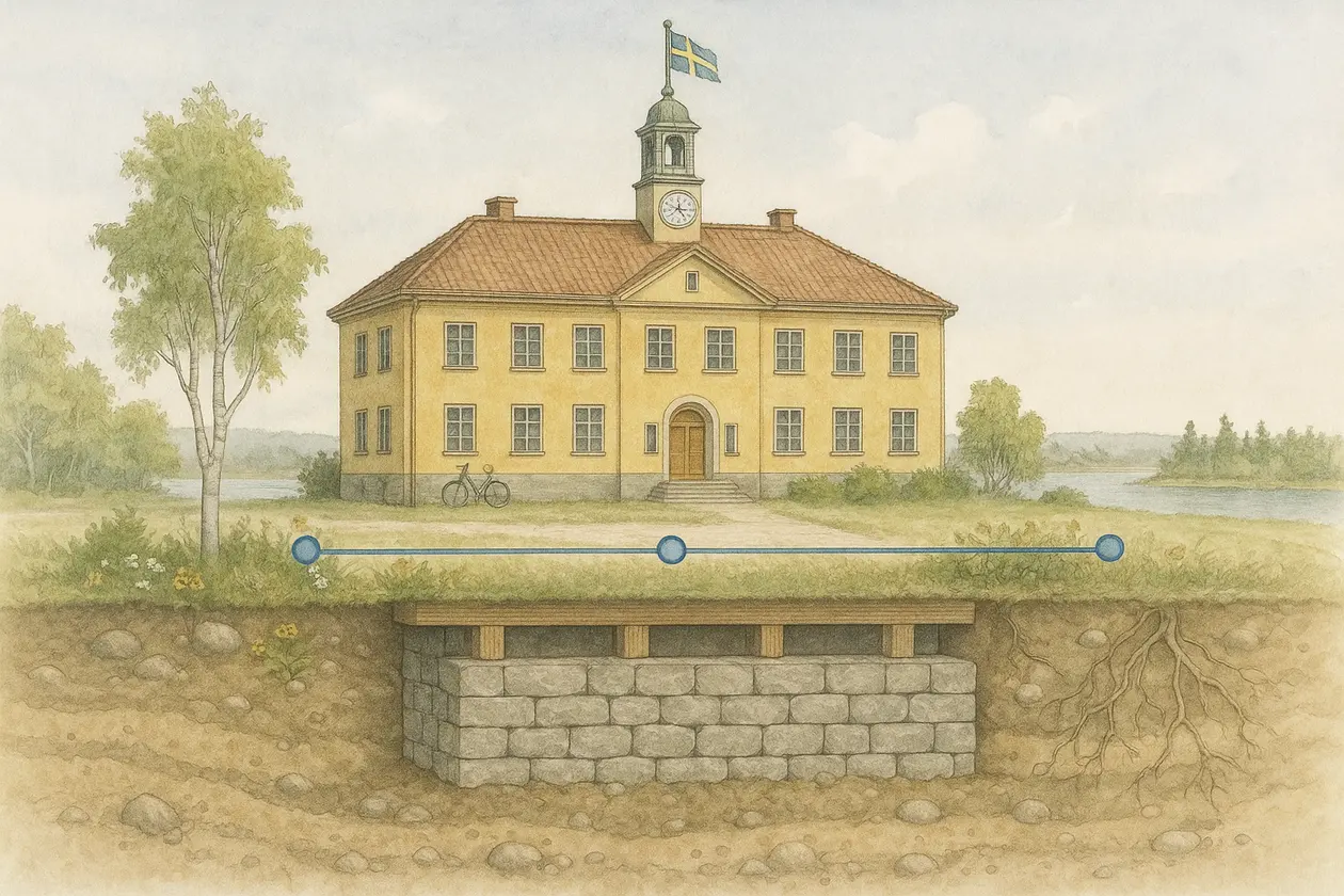 Akvarell i genomskärning. Ovanför en rak marklinje står en gul kommunbyggnad med klocktorn i ett svenskt landskap med sjö och björkar. En tunn blå linje med runda noder löper längs marken framför byggnaden. Under marklinjen syns en bred grundmur av gråsten och grova bjälkar som bär hela husets bredd.