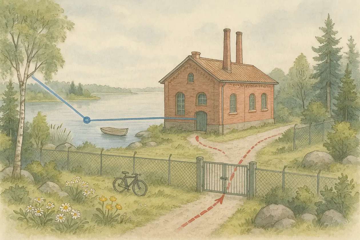 Akvarell av ett vattenverk i rött tegel vid en sjö. Ett staket med en stängd grind löper tvärs bilden. En blå linje med noder kommer in över vattnet och går in i byggnaden, en röd streckad pil kommer längs grusvägen fram till grinden.