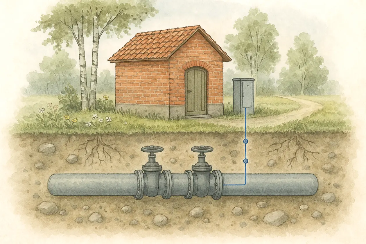 Akvarell i genomskärning med marklinjen tvärs bilden. Ovan mark en pumpstation med ett manöverskåp, under mark en vattenledning med två ventiler. En blå linje med noder löper från skåpet ned genom marken till ledningen.