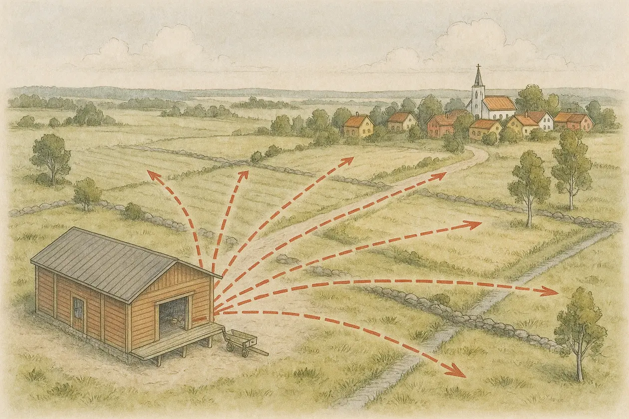Akvarell av en låg magasinsbyggnad med lastkaj till vänster i ett åkerlandskap. Från den öppna porten fläktar ett knippe identiska röda streckade pilar ut i solfjäder mot en by med kyrka längs horisonten.