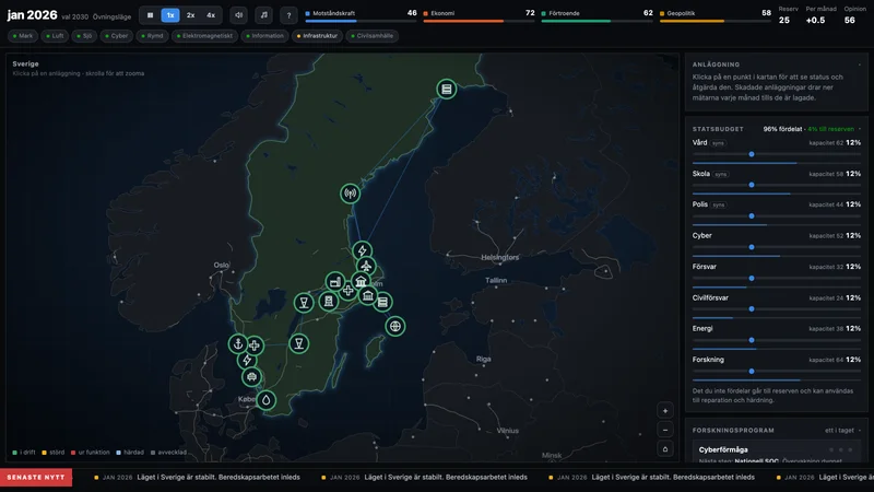 Skärmbild ur simuleringen Motståndskraft: Kartan med anläggningar, lägesbild och budgetreglagen