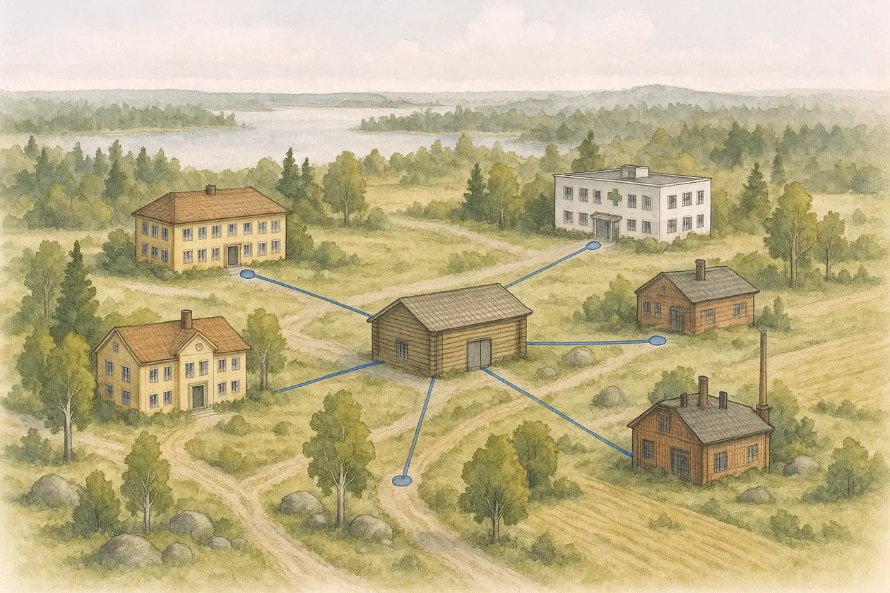Akvarell av ett landskap med flera byggnader. Blå linjer med noder löper från var och en av dem in till samma timrade lagerbyggnad.