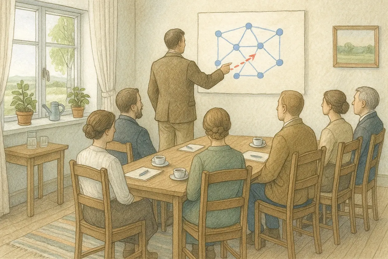 Akvarell av sju personer i ett mötesrum. En står vid en tavla och pekar på ett diagram av blå noder med en röd streckad pil igenom.
