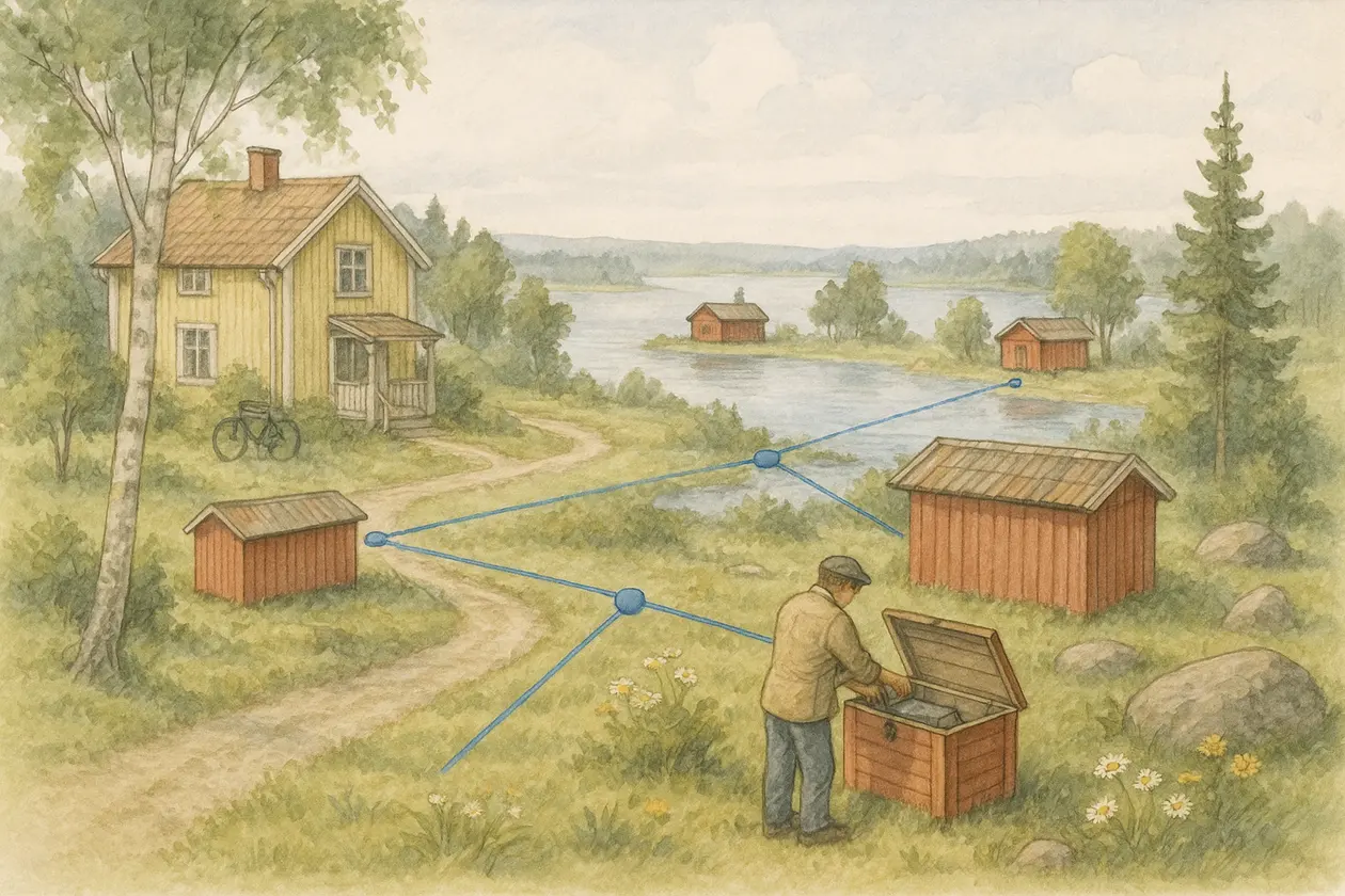Akvarell av ett landskap med sjö och gult hus. Tre likadana förråd står på var sitt håll. Vid det främre lyfter en person på ett kistlock.